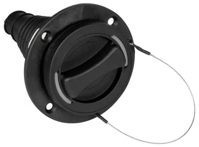 Eine schwarze Kraftstofftankkappe mit integriertem Griff und Verbindungskabel, konzipiert für sichere Verschließung und einfachen Zugang.