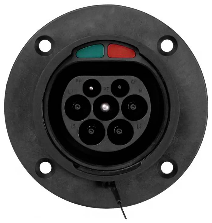 Typ-1-CCS-Ladeanschluss mit fünf kreisförmigen Steckdosen und vier Befestigungslöchern, roten und grünen Markierungen an der oberen Kante, schwarzem Außengehäuse.