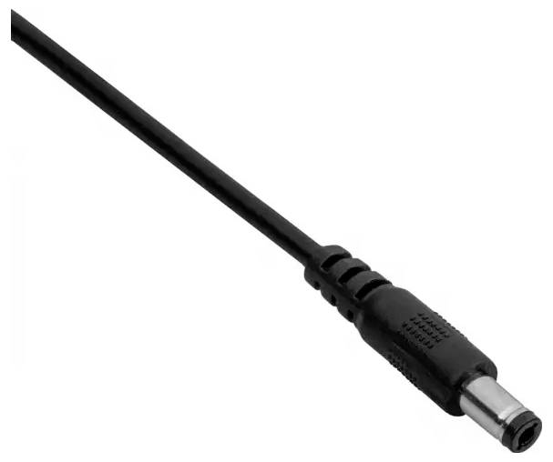 Schwarzes Verbindungskabel mit zylindrischem Steckerstecker, häufig verwendet für elektronische Geräte wie Laptops oder Kameras.