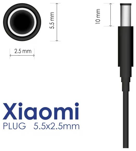 Xiaomi-Stecker mit Abmessungen: 5,5x2,5mm. Kabel mit Beschriftung mit Maßen von 5,5mm und 10mm, die Stecker- und Kabeldicke angeben.