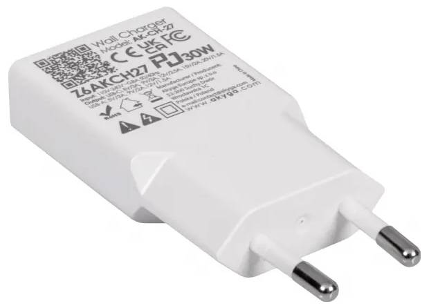 Ein weißes Wandladegerät mit zwei Stiften und Text, der das Modell „KL-PD2