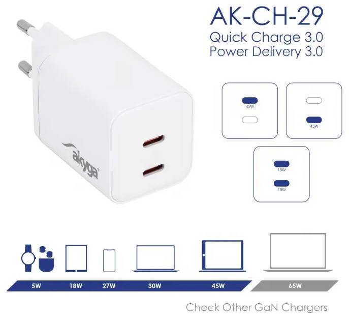 'AK-CH-29 Quick Charge 3.0 Power Delivery 3.0' Ladegerät mit zwei USB-C-Anschlüssen. Unterstützt 45W und 15W Ausgänge. Kompatibel mit Telefonen, Tablets und Laptops.