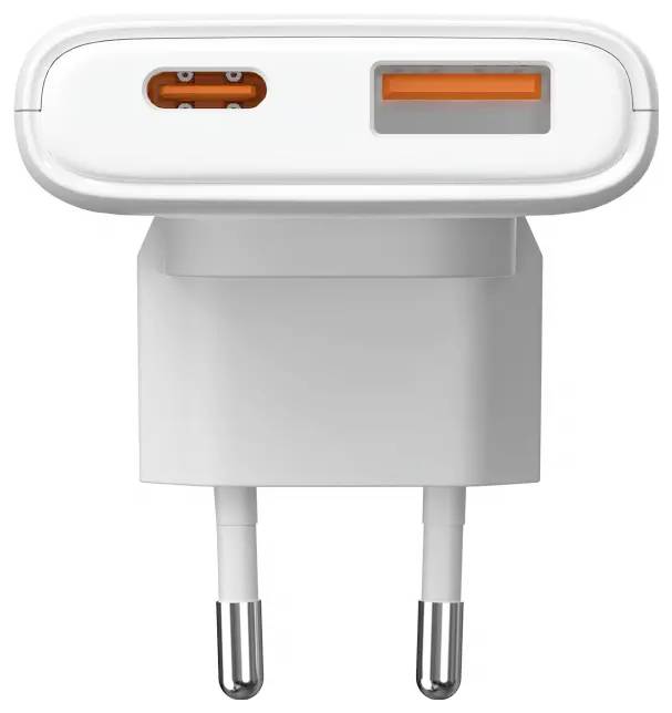Ein weißes Dual-Port-Wandladegerät mit USB-C- und USB-A-Anschlüssen, das zum effizienten Aufladen von Geräten entwickelt wurde und vor einem schlichten Hintergrund dargestellt ist.