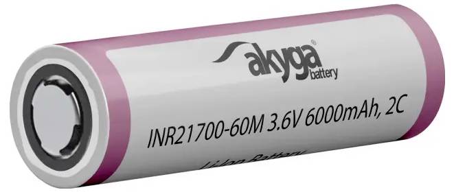 Ein zylindrischer Lithium-Ionen-Akku mit der Bezeichnung „akyga battery INR21700-60M 3,6V 6000mAh, 2C