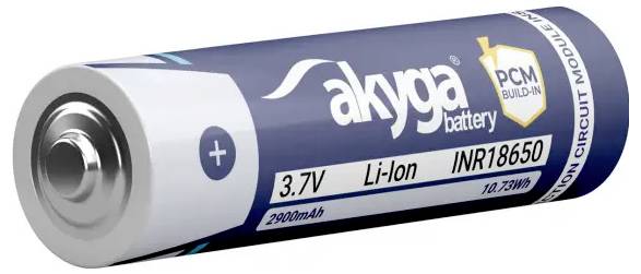 Eine blau-weiße zylindrische Lithium-Ionen-Batterie mit der Bezeichnung 