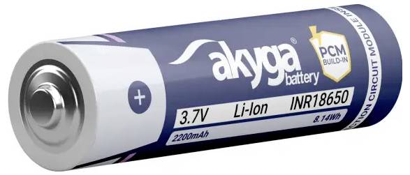 Eine violette zylindrische Batterie mit der Bezeichnung „akyga battery