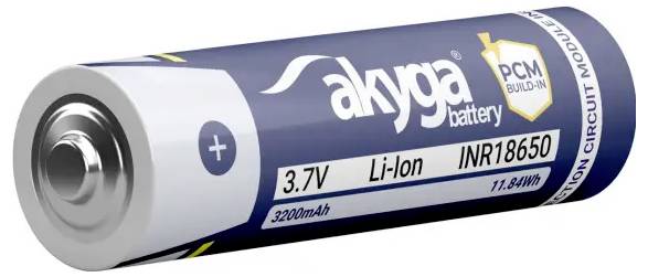 3,7V Li-Ion Batterie, Modell INR18650, 3200mAh, mit integriertem PCM, Marke Akyga.