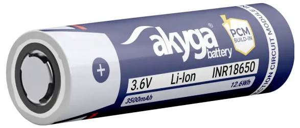 Eine Lithium-Ionen-Batterie mit der Bezeichnung „akgya battery, INR18650, 3,6V, 3500mAh, 12,6Wh