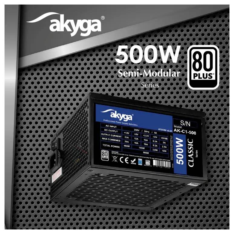 500W Semi-modulares Netzteil von Akyga, 80 Plus zertifiziert, mit detaillierten Spezifikationen auf einem blau-schwarzen Etikett.