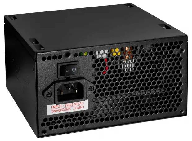 Ein schwarzes Computernetzteil mit einem Stromschalter, einem Kühlungsgebläse und Text, der „INPUT: 220/230VAC