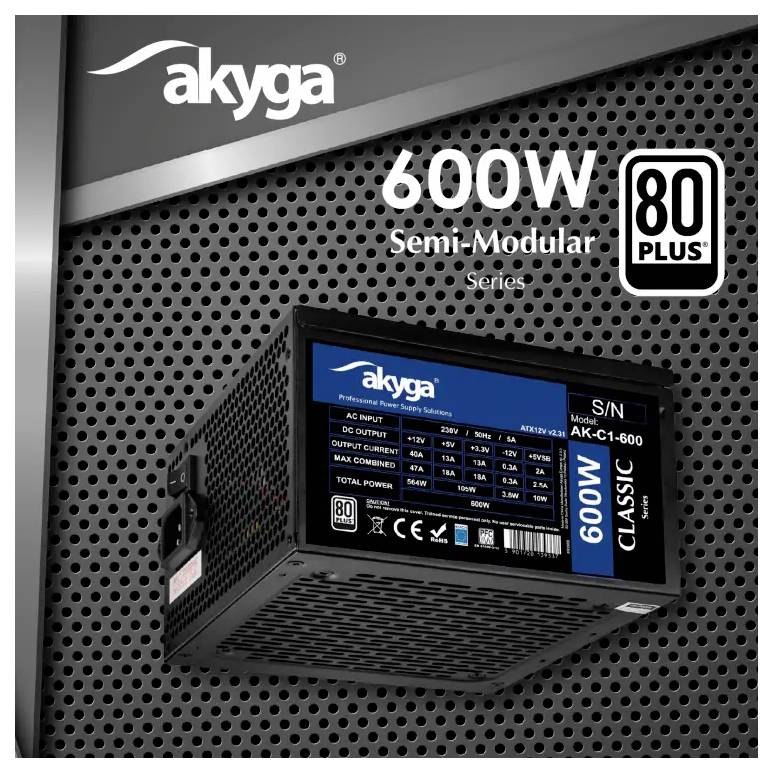 'Akyga 600W Semi-Modular Stromversorgung' mit 80 PLUS-Zertifizierung, vor einem perforierten Metallhintergrund abgebildet.