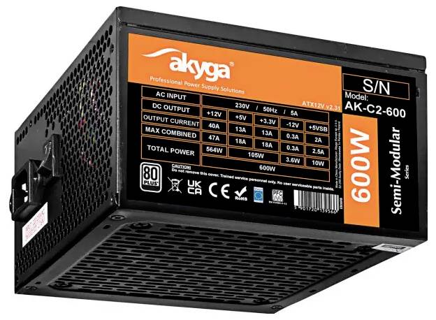 Akyga 600W halbmodulares Netzteil, Modell AK-C2-600. Merkmale: 80-Plus-Zertifizierung, verschiedene Spannungsausgänge und 600W Gesamtleistung.