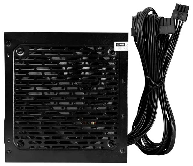 Schwarze Stromversorgung für Computer mit Lüftungsgitter und angebrachten Kabeln auf der rechten Seite.