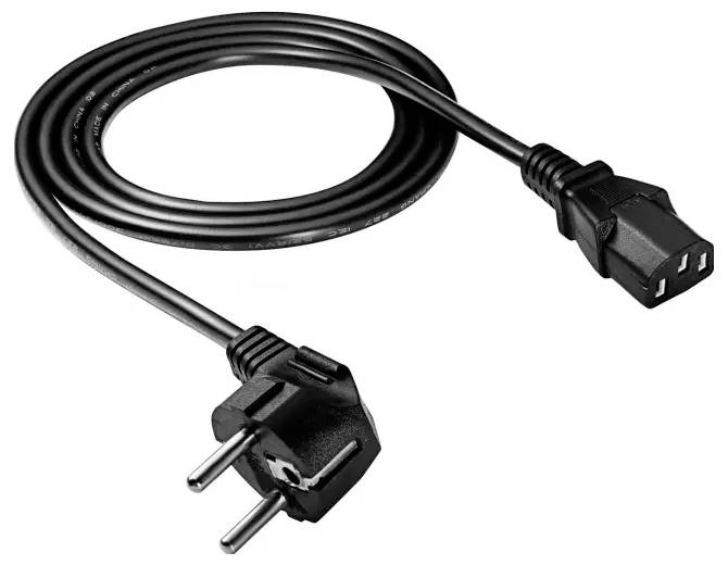 Ein schwarzes Stromkabel mit einem europäischen Stecker an einem Ende und einem IEC-C13-Stecker am anderen Ende.