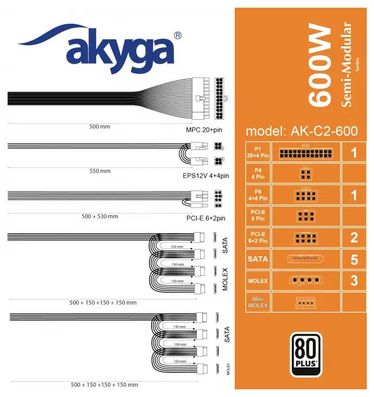 Diagramm einer Akyga halbmodularen Stromversorgung, Modell AK-C2-600, mit einer Leistung von 600W und 80-Plus-Zertifizierung. Enthält Kabellängen und Steckertypen: MPC 20+4 Pin, EPS12V 4+4 Pin, PCI-E 6+2 Pin, SATA und Molex.