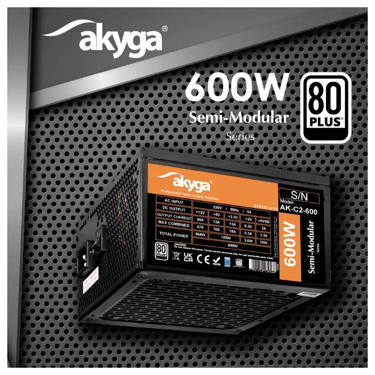 Bild eines Akyga 600W halbmodularen Netzteils. Die Funktionen umfassen eine 80 PLUS Zertifizierung und sichtbare Ein-/Ausgangsspezifikationen auf dem Seitenetikett.