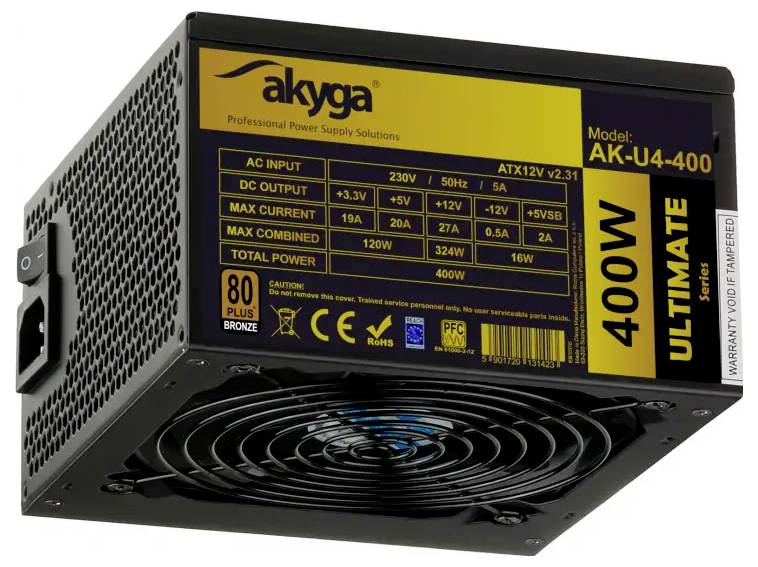'akyga 400W Ultimate' Stromversorgungseinheit, Modell AK-U4-400. Merkmale: 230V, 50Hz, maximaler Strom 19A, mit 80 Plus Bronze Effizienz.