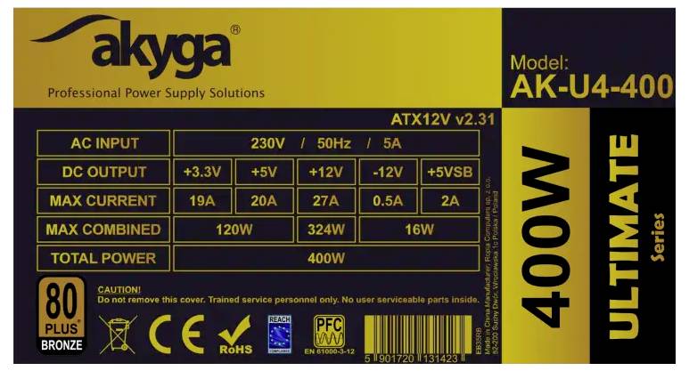 400W Ultimate Series Netzteil Etikett: Modell AK-U4-400. AC-Eingang: 230V, 50Hz, 5A. DC-Ausgang: +3,3V, +5V, +12V, +12V, -12V, +5VSB. Effizienz: 80 Plus Bronze.
