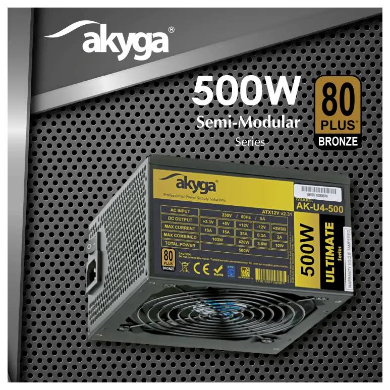 'akyga 500W Semi-modulares Netzteil Serie 80 PLUS BRONZE' Stromversorgungseinheit, Modell AK-U4-500, mit verschiedenen aufgelisteten Ausgabespezifikationen.