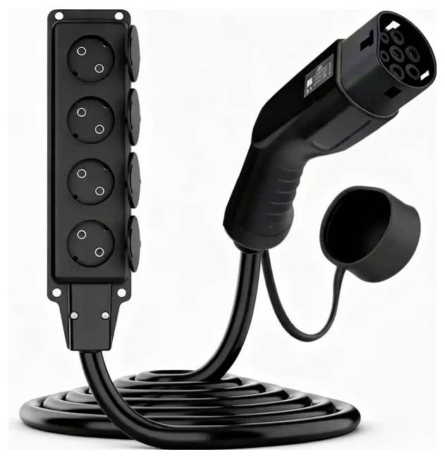 Ein Elektroauto-Ladekabel mit einem Stecker und mehreren Steckdosen, das auf einem aufgerollten schwarzen Kabel ruht.