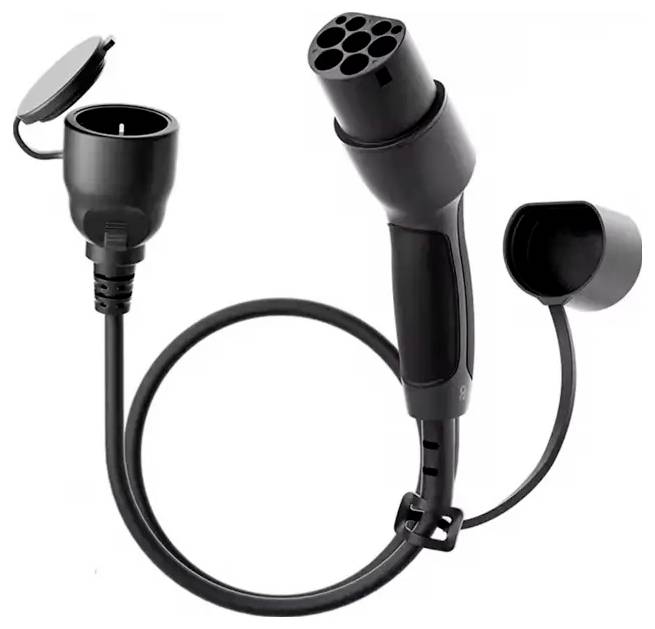 EV-Ladekabel mit einem Stecker auf der linken Seite und einem Ladeanschluss auf der rechten Seite, beide mit Schutzabdeckungen. Geeignet für Elektrofahrzeuge.