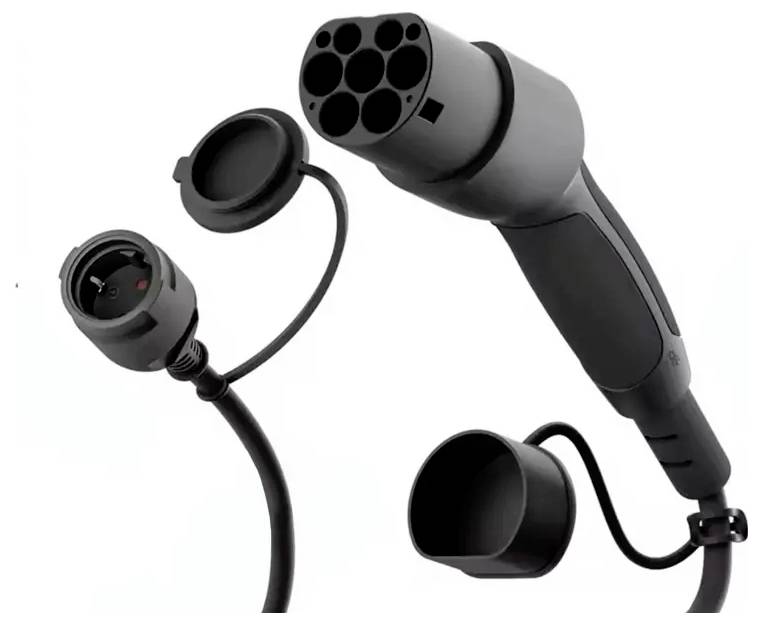 Ein Ladestecker und eine Steckdose für Elektrofahrzeuge mit mehrpoligem Stecker und Schutzdeckeln, entworfen für sichere und effiziente Stromübertragung.