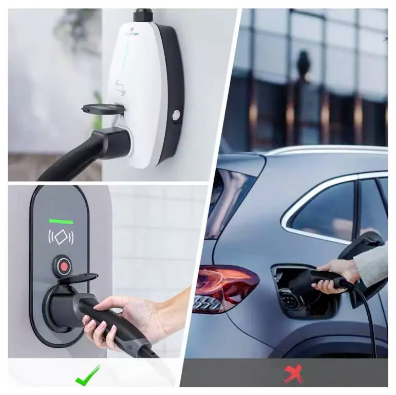 Bild zeigt zwei Elektroauto-Ladestationen. Die linke Ladestation ist mit einem grünen Häkchen für Korrektheit gekennzeichnet, während die rechte Station ein rotes Kreuz aufweist, das eine fehlerhafte Verwendung anzeigt.