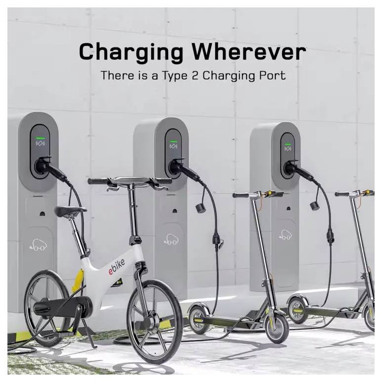 Fahrräder und Roller laden sich an Elektrostationen auf. Der Text sagt „Überall laden. Es gibt einen Typ-2-Ladeanschluss