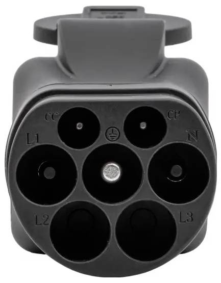 Nahaufnahme eines Ladesteckers für Elektrofahrzeuge mit mehreren Buchsen, die mit L1, L2, L3, N, CC und CP gekennzeichnet sind, die eine detaillierte Stiftkonfiguration zeigt.