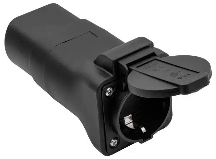 Schwarzer Stromstecker mit geöffneter Schutzkappe, die Metallkontakte im Inneren zeigt; vorgesehen für schwere industrielle Anwendungen.