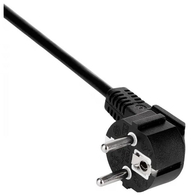 Ein schwarzer europäischer Stecker mit zwei runden Metallkontakten, verbunden mit einem schwarzen Kabel.