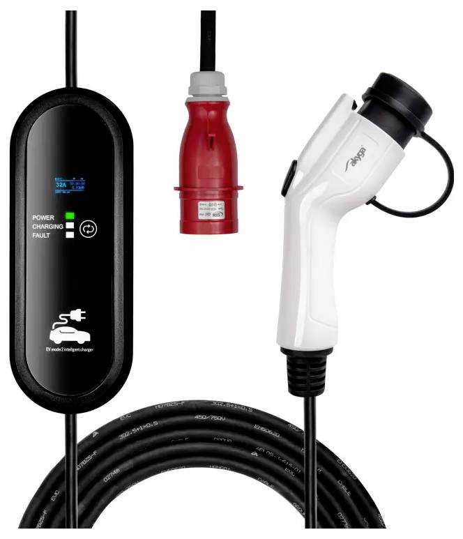 Ein Ladekabelsatz für Elektrofahrzeuge mit einer schwarzen Steuerbox mit den Anzeigen 