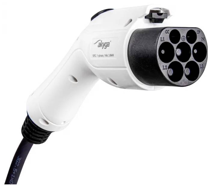 Ein weißer Elektroauto-Ladestecker mit mehreren Stiftkontakten zur Stromversorgung des Fahrzeugs.