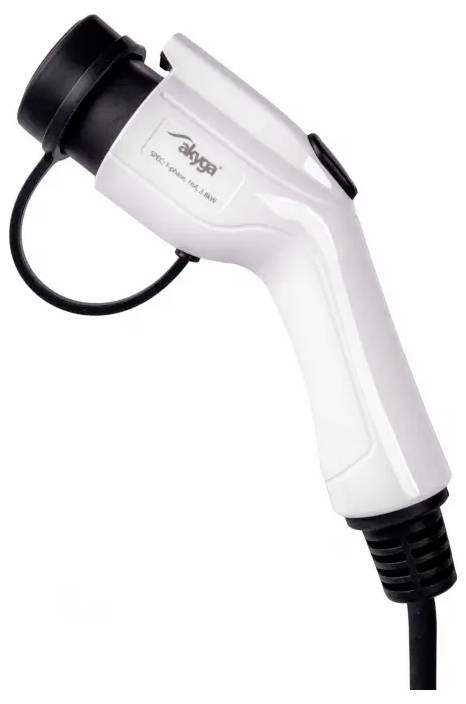 Ladeanschluss für Elektrofahrzeuge mit Kabel in weiß-schwarzem Design.