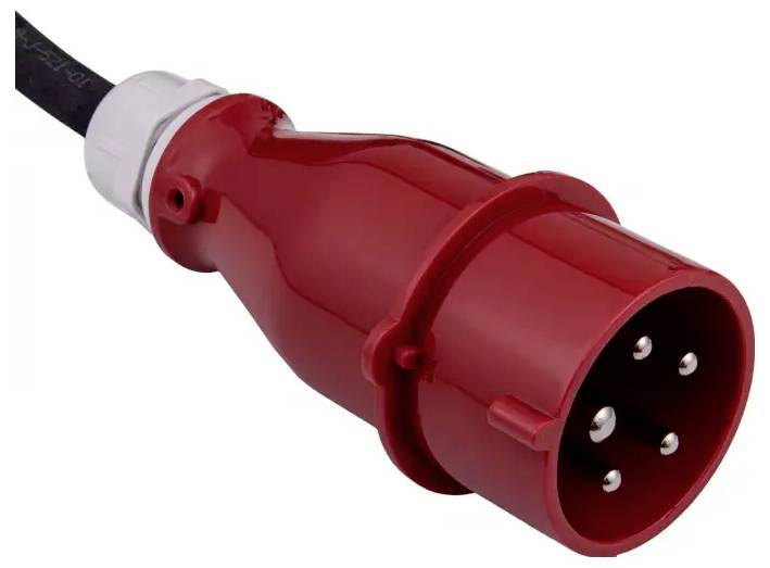 Ein Nahaufnahmebild eines roten Stromsteckers mit vier Metallkontakten, der für Hochlast- oder Industriegeräteverbindungen verwendet wird.