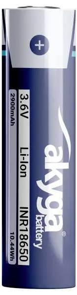 Eine blau-weiße 3,6V 2900mAh Akyga Lithium-Ionen-Batterie mit Modell INR18650, mit einem Pluszeichen am oberen Ende.