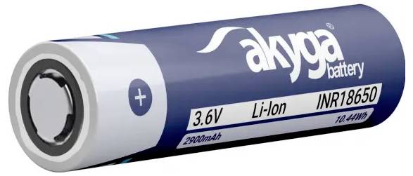 Eine zylindrische Lithium-Ionen-Batterie mit gedrucktem Text: „akyga battery