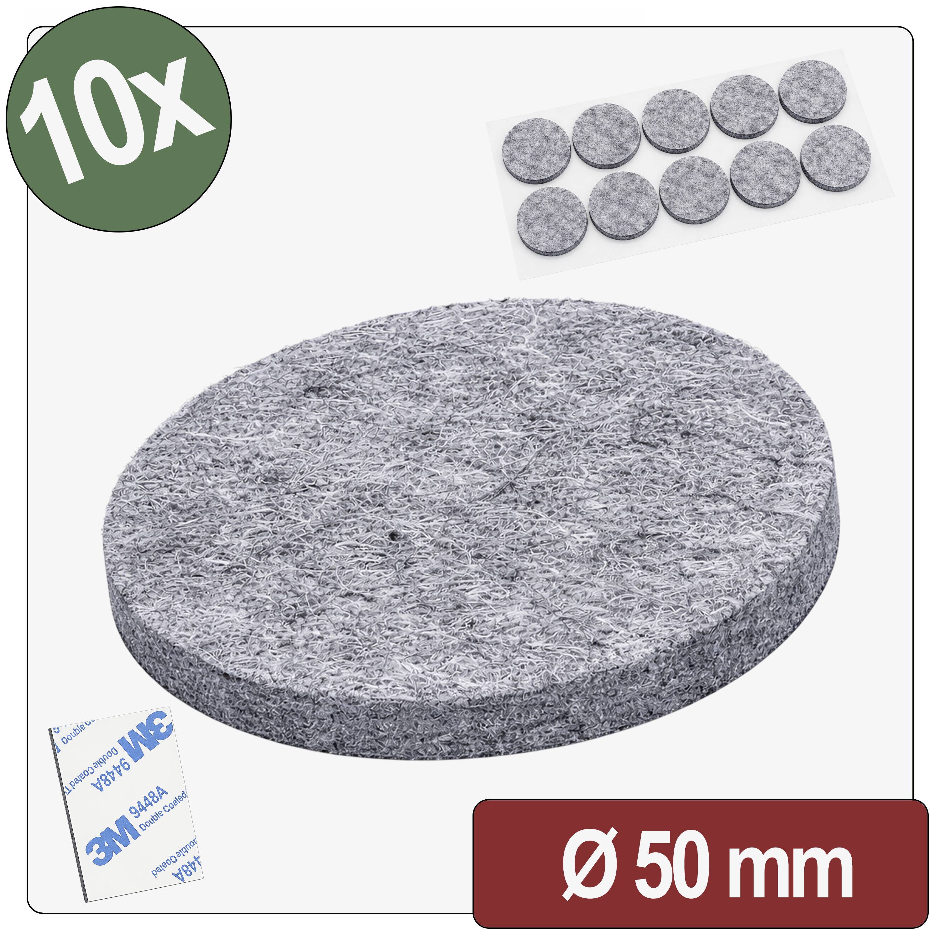 10er-Packung mit 50 mm runden Filzauflagen zum Schutz von Möbeln; kratzfest, selbstklebend mit 3M-Rückseite.