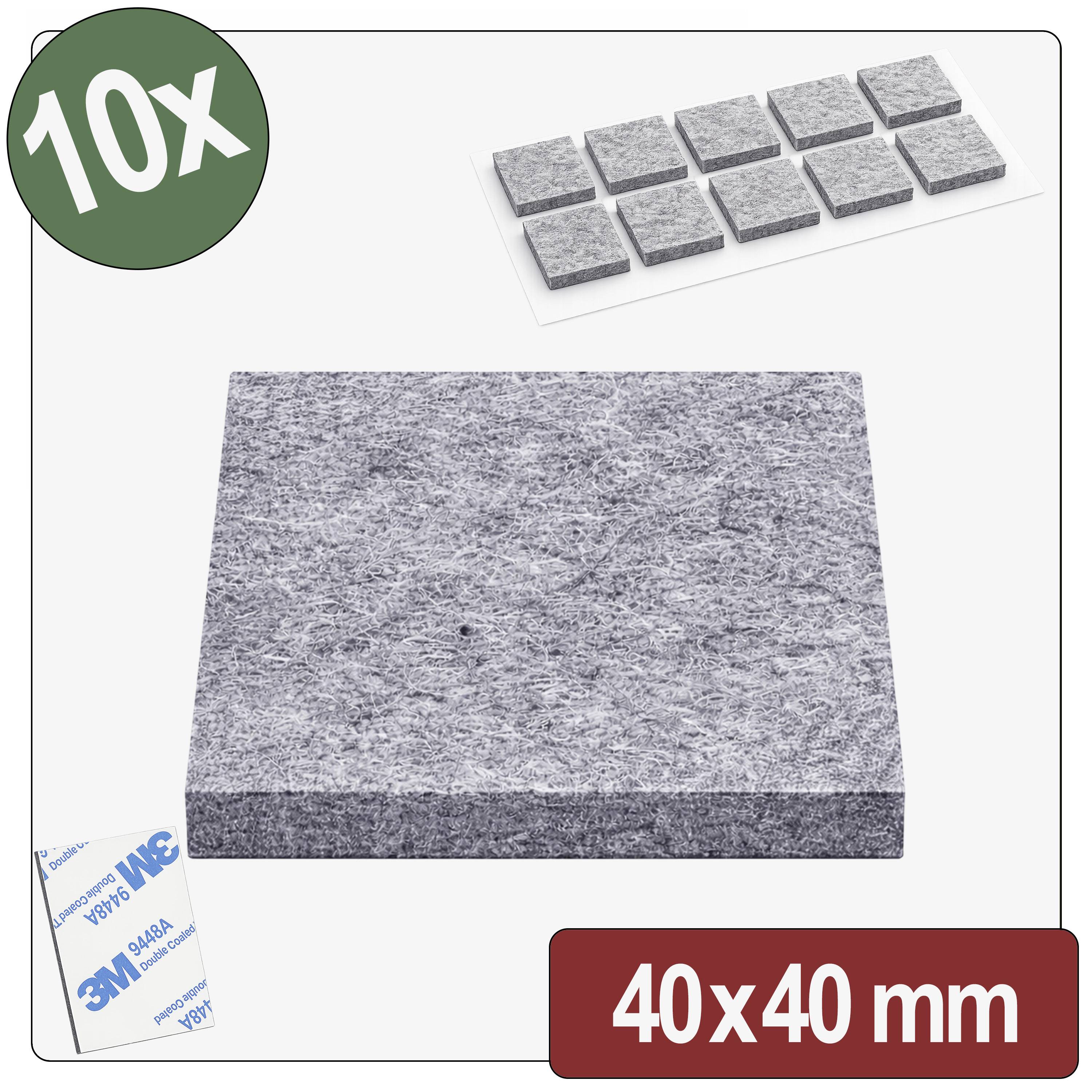 '10x 40x40 mm' graue Filzpads mit Klebstoffrücken, einzeln und in einer Gruppe von neun gezeigt. Geeignet zum Schutz von Oberflächen.