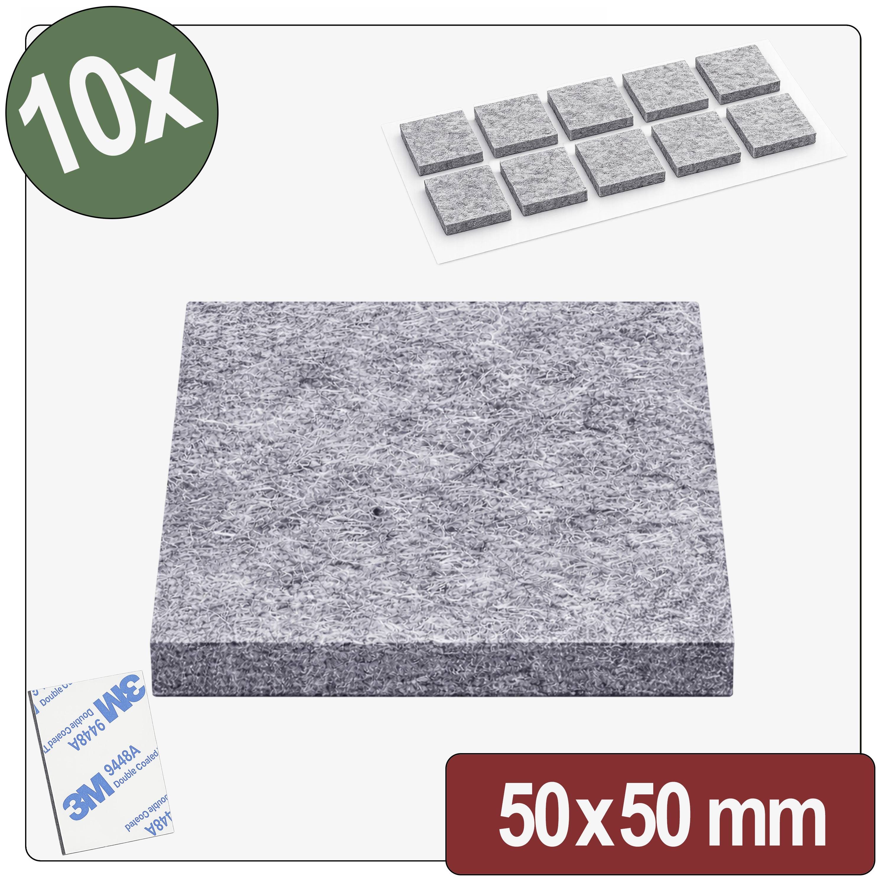 Packung mit 10 Filzklebepads, je 50x50 mm, in grauer Farbe, mit 3M-Klebeschicht zum Schutz von Möbeln.