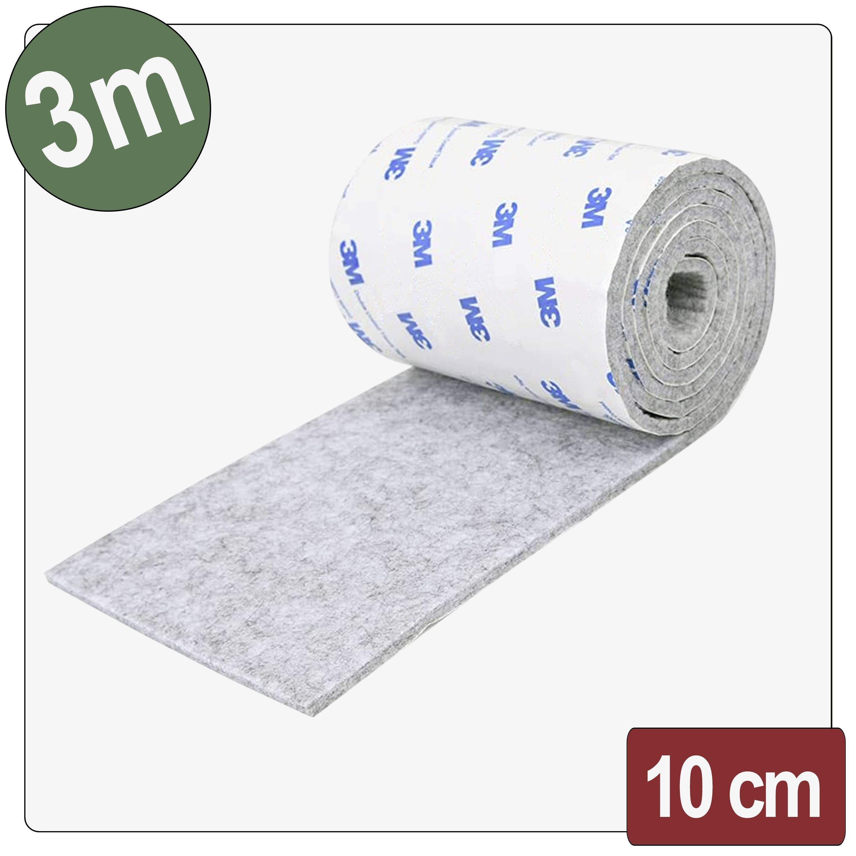 Eine Rolle selbstklebender Filz, 3 Meter lang, 10 cm breit, gezeigt mit ihrer Schutzfolie mit dem Etikett 3M.