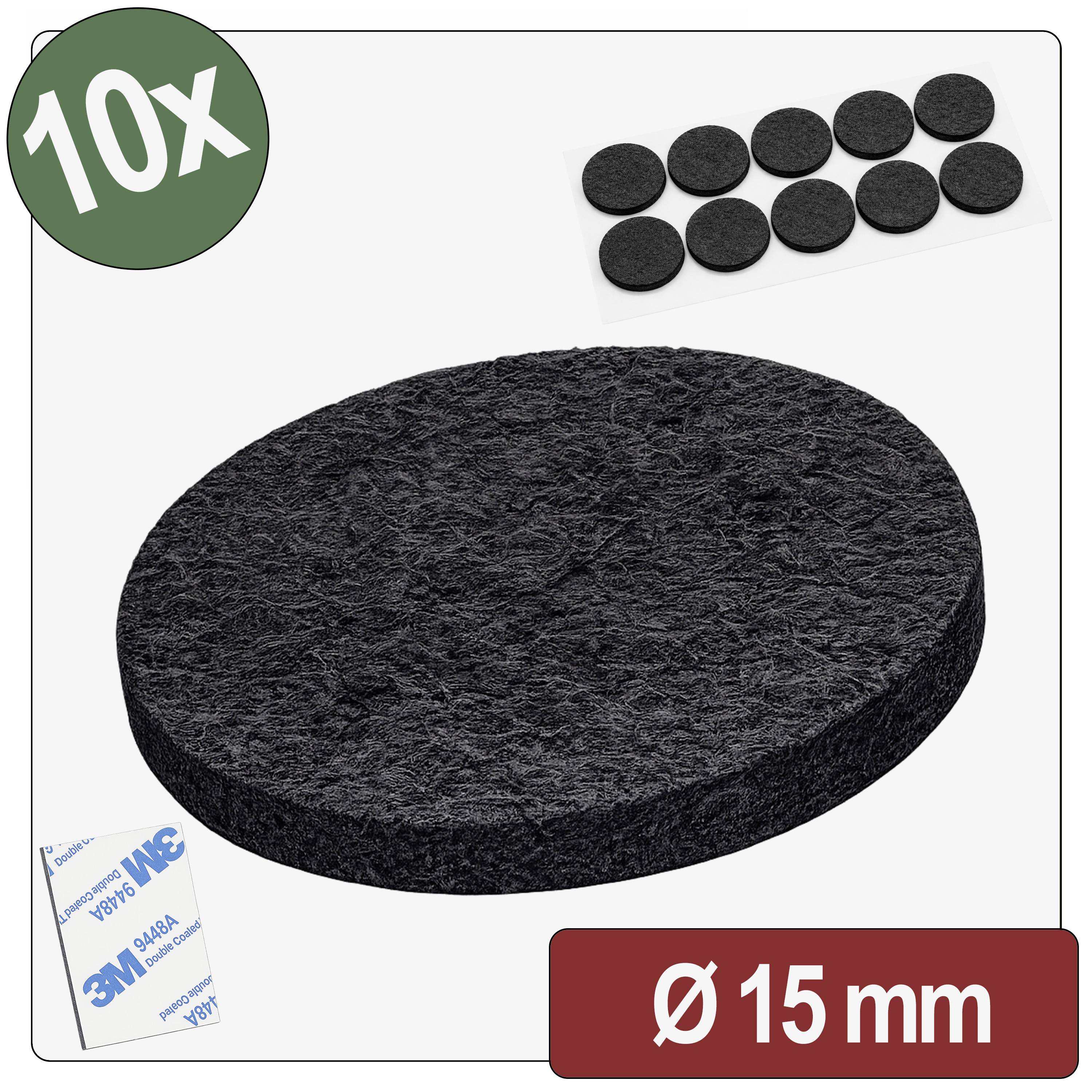 '10x' Filzunterlagen, schwarz, rund, 15mm Durchmesser, selbstklebende Rückseite, gezeigt in Verpackung und einzelnen Stücken.