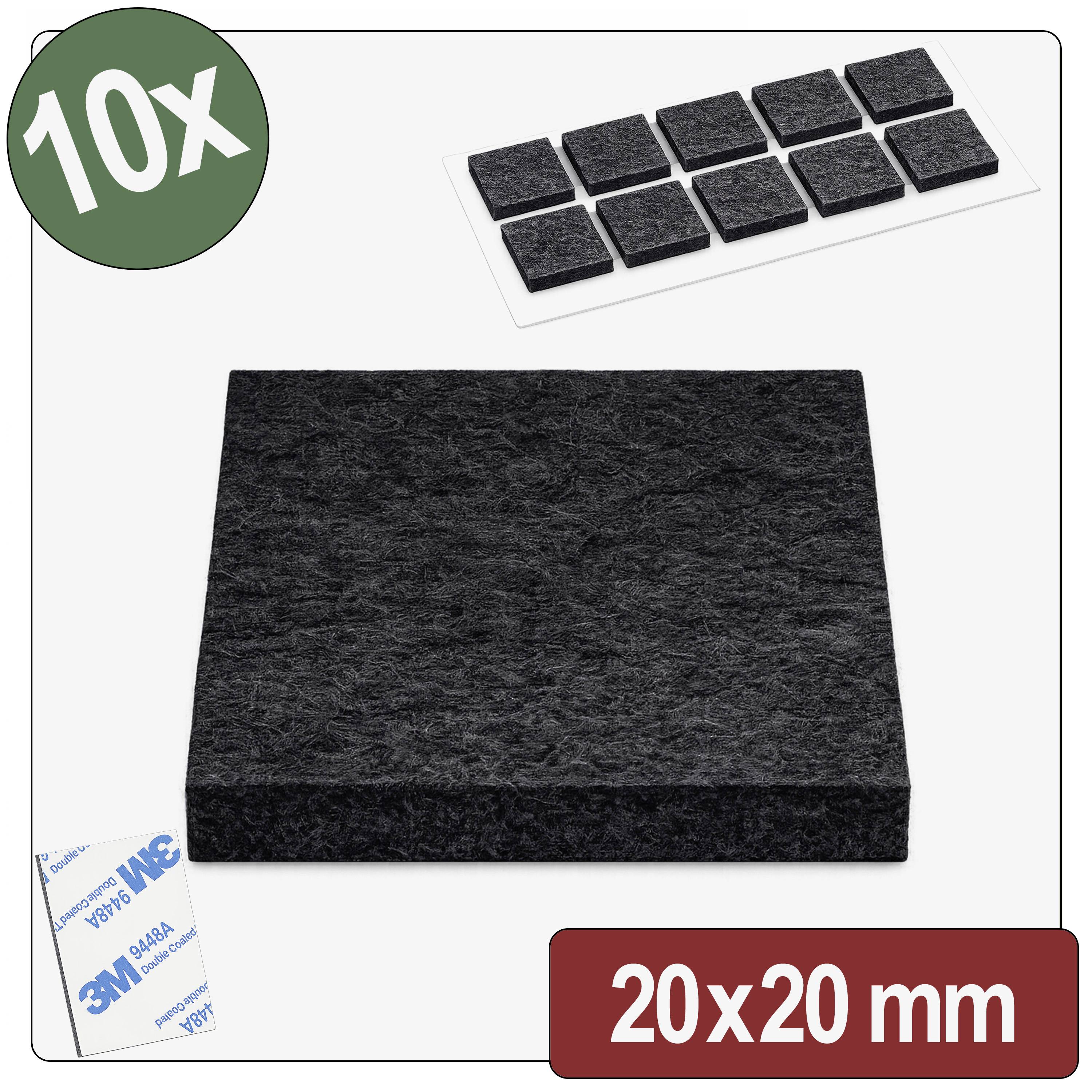 Ein Satz von zehn schwarzen Filzauflagen, je 20x20 mm, mit selbstklebender Rückseite. Ideal zum Schutz von Oberflächen und zur Lärmreduzierung.