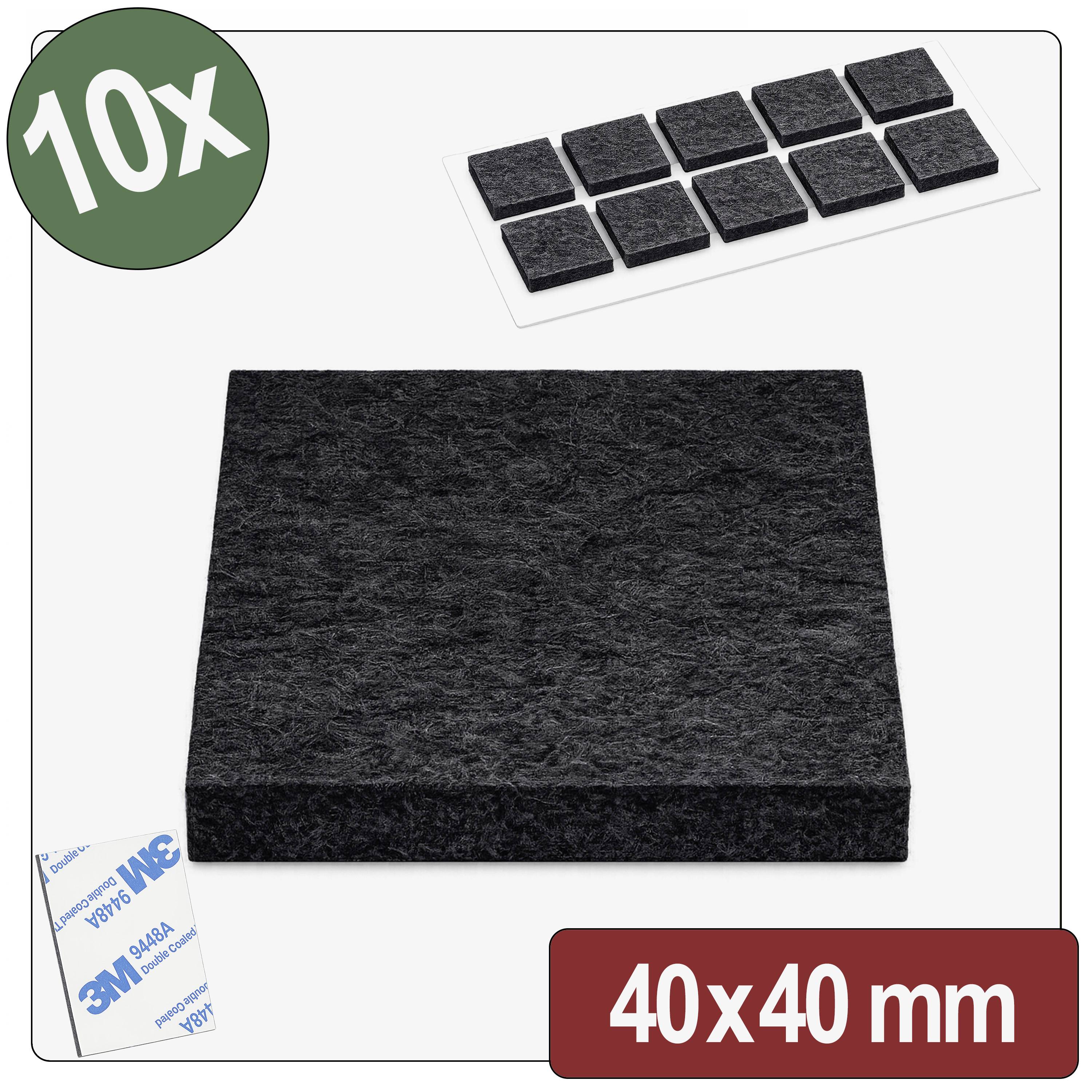 Quadratische schwarze Antivibrationskissen, 40x40 mm, 10er-Set. Mit selbstklebender Rückseite. Ideal zur Reduzierung von Lärm und Vibrationen.
