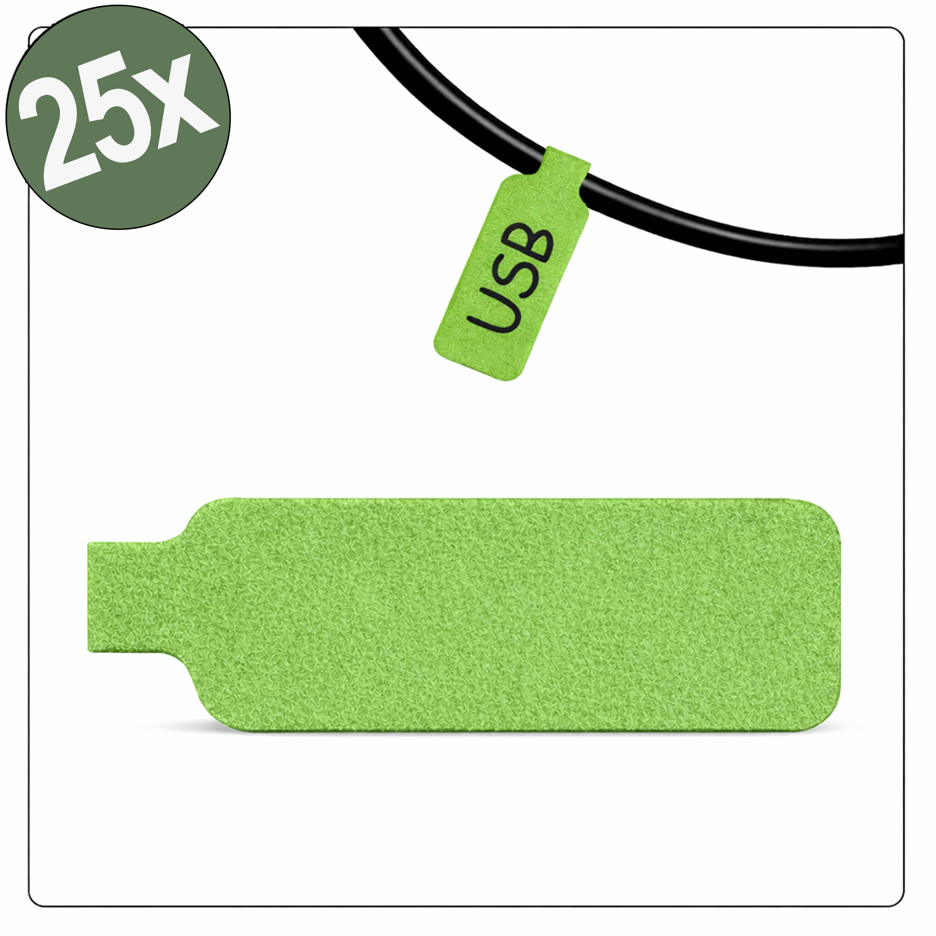 Grünes USB-Etikett auf einem schwarzen Kabel mit einem Paket von 25 USB-Etiketten, das gezeigt wird.