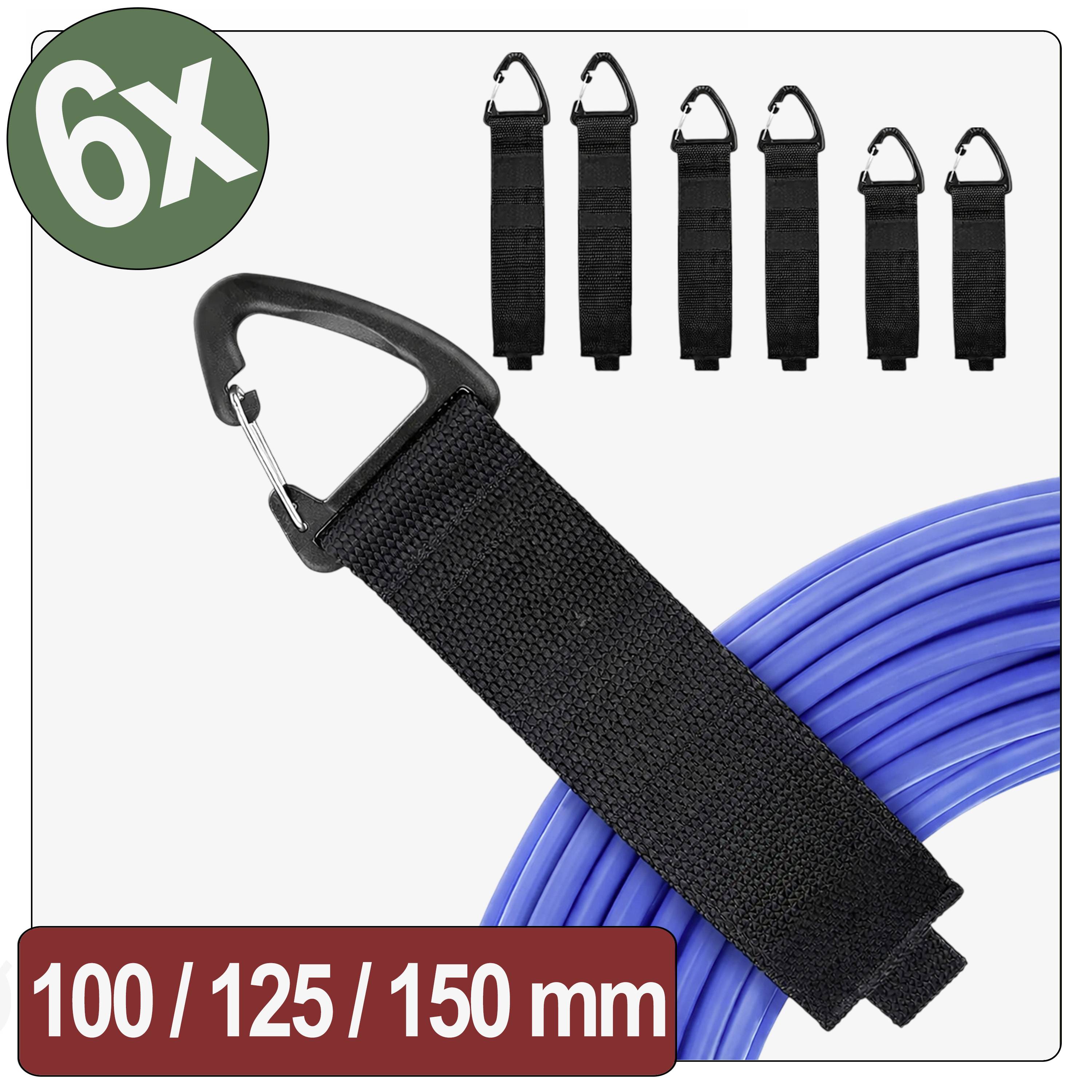 '6x' Karabinerbänder, gezeigt mit einer blauen Spule, erhältlich in den Größen 100, 125, 150 mm.