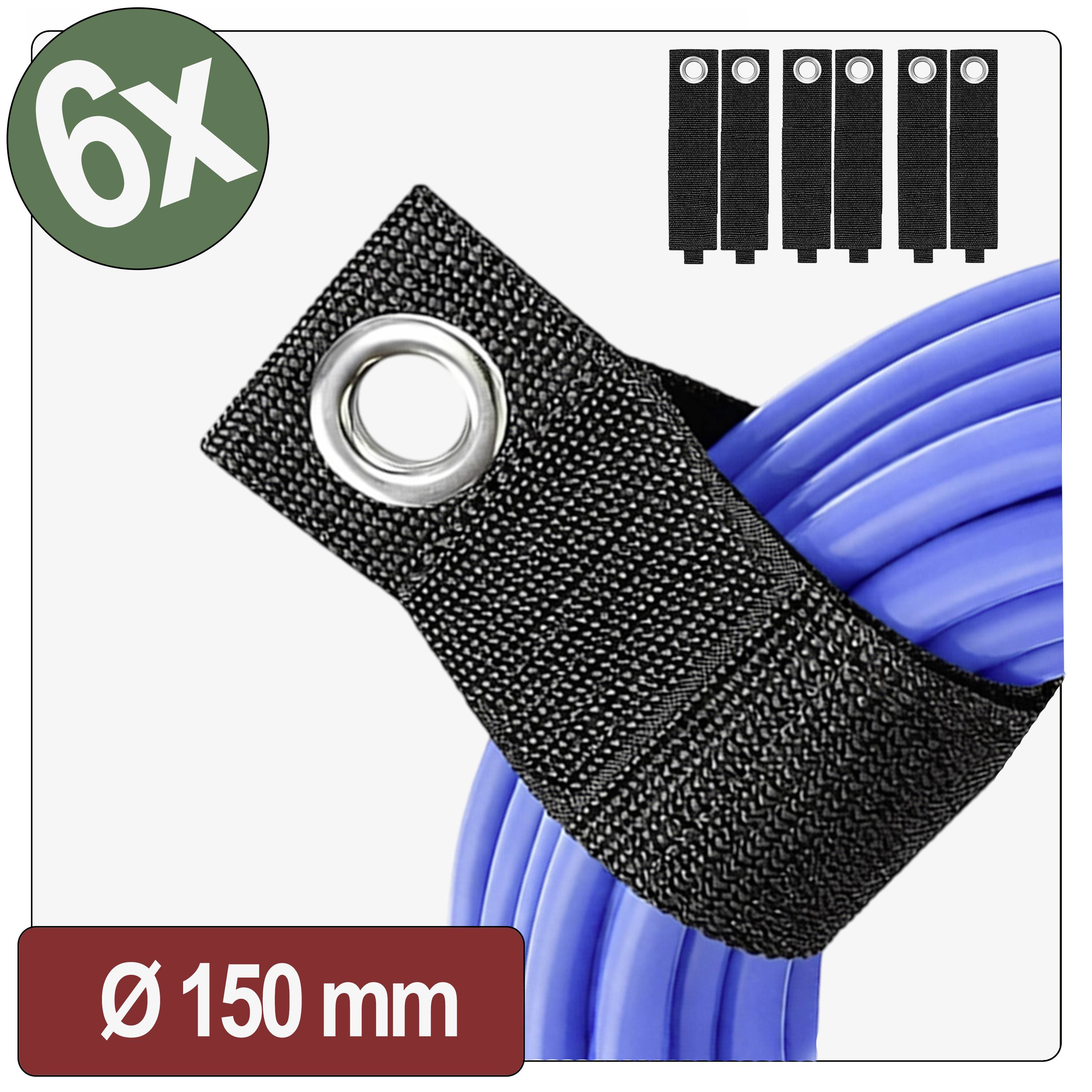 Sechs blaue Riemen mit Ösen zum Organisieren von Kabeln, Durchmesser 150 mm, in einem quadratischen Bild mit Beispielverwendung dargestellt.