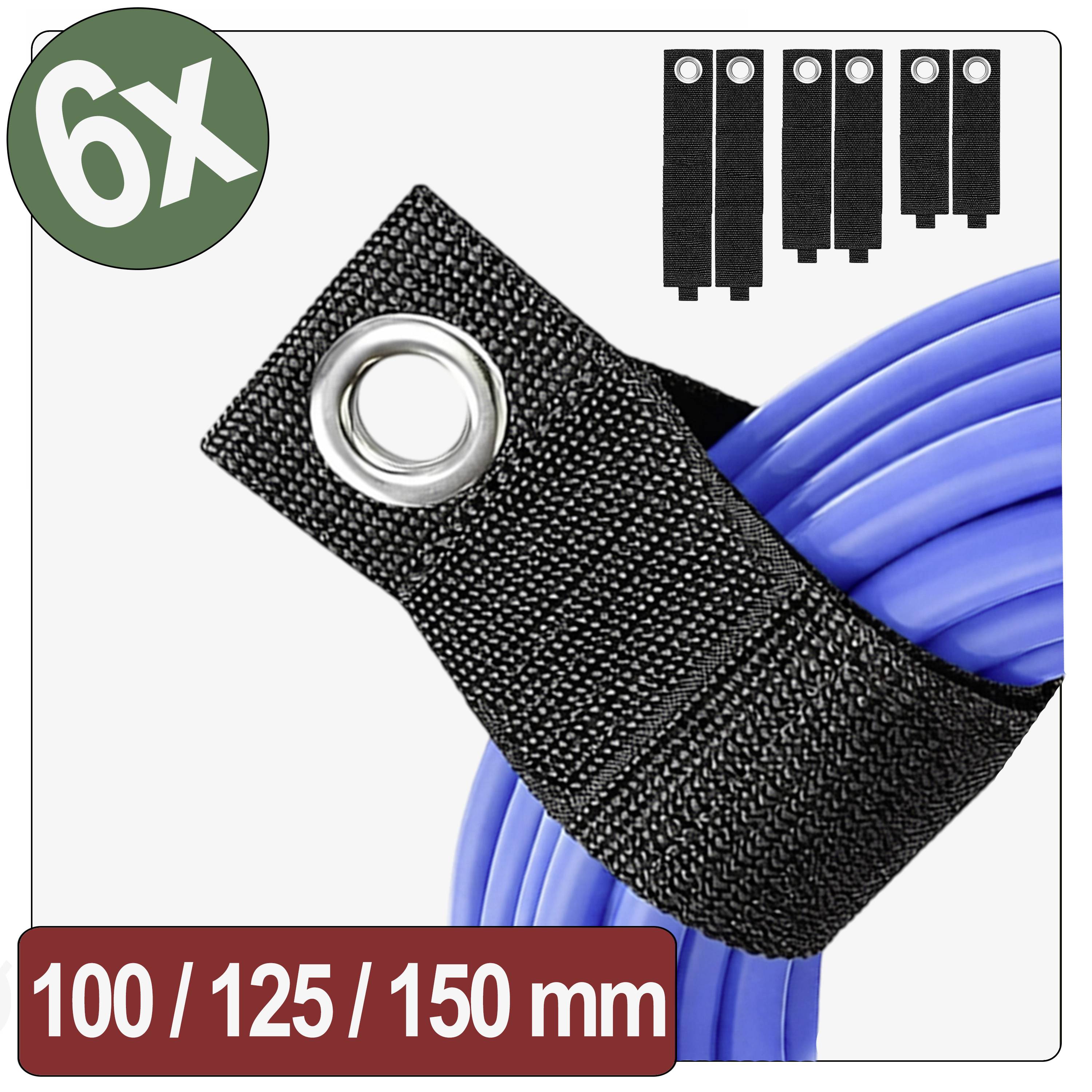 '6x' schwarze Klett-Kabelriemen werden gezeigt, die blaue Kabel sichern. Drei verschiedene Größen sind angegeben: 100 mm, 125 mm und 150 mm.