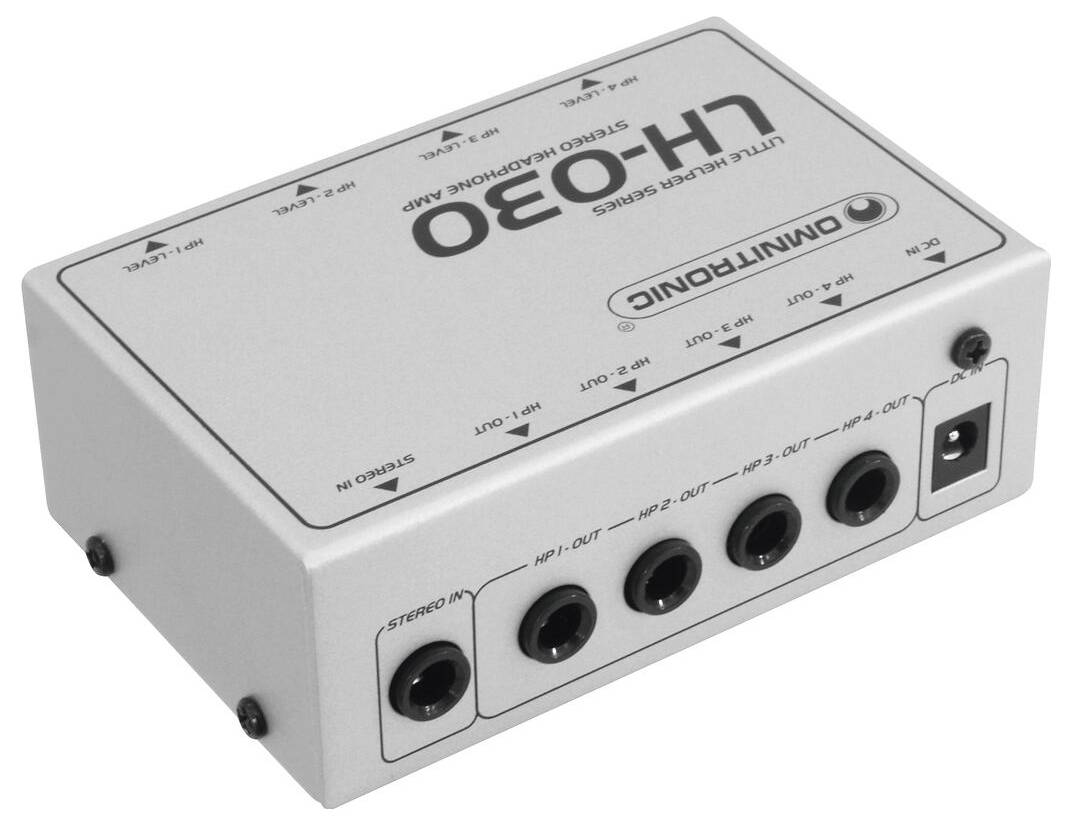 Stereo-Kopfhörerverstärker mit vier Ausgangsbuchsen und einem Netzschalter, Modell 'LH-030' von Omnitronic.