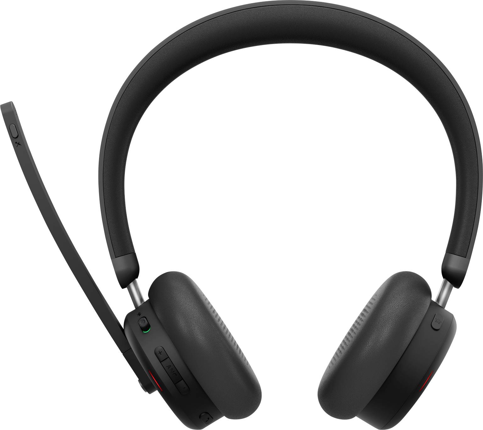 Schwarzes Over-Ear-Wireless-Headset mit Boom-Mikrofon, Vorderansicht auf weißem Hintergrund dargestellt.